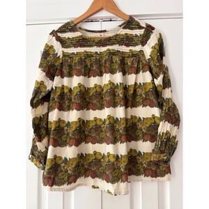 Kate Quinn Organic Cotton Floral Pintuck Blouse Small Mustard Rust Harvest Print
